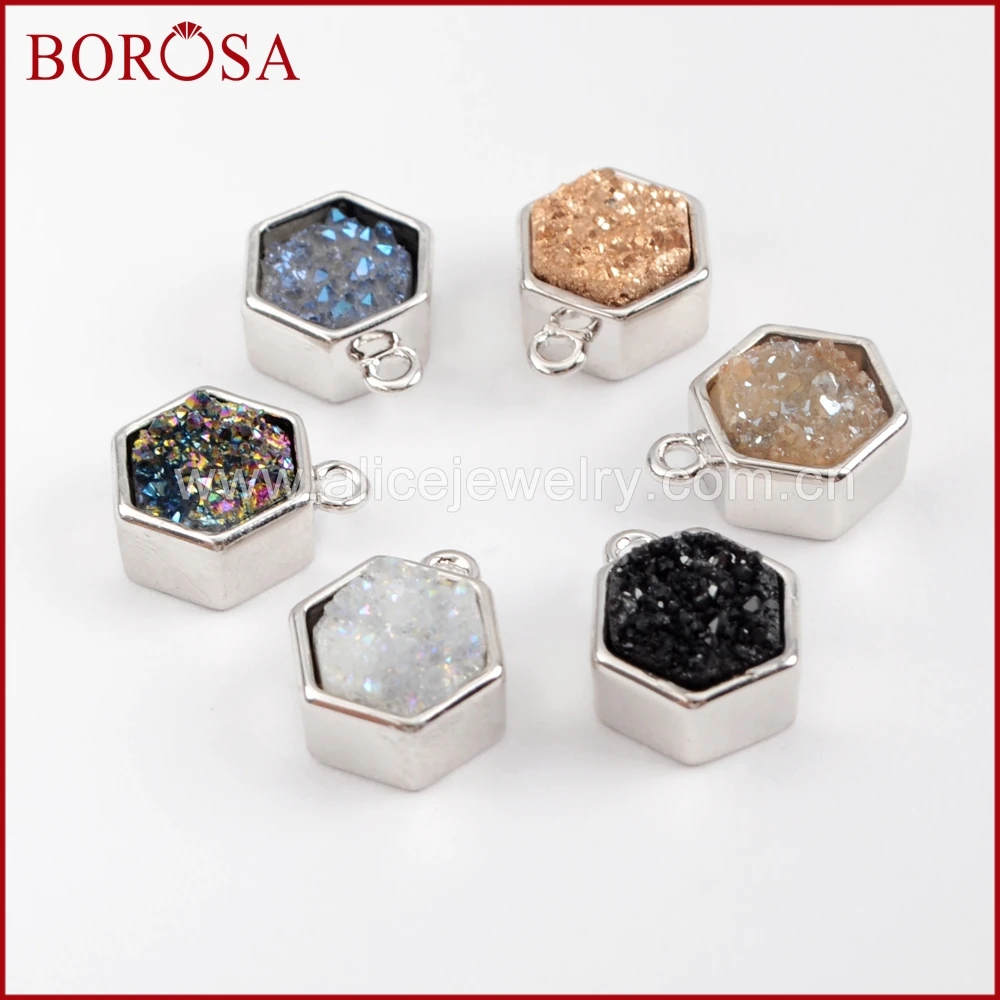 BOROSA 10 шт. серебряный цвет Безель Шестигранная натуральная Друза титановые