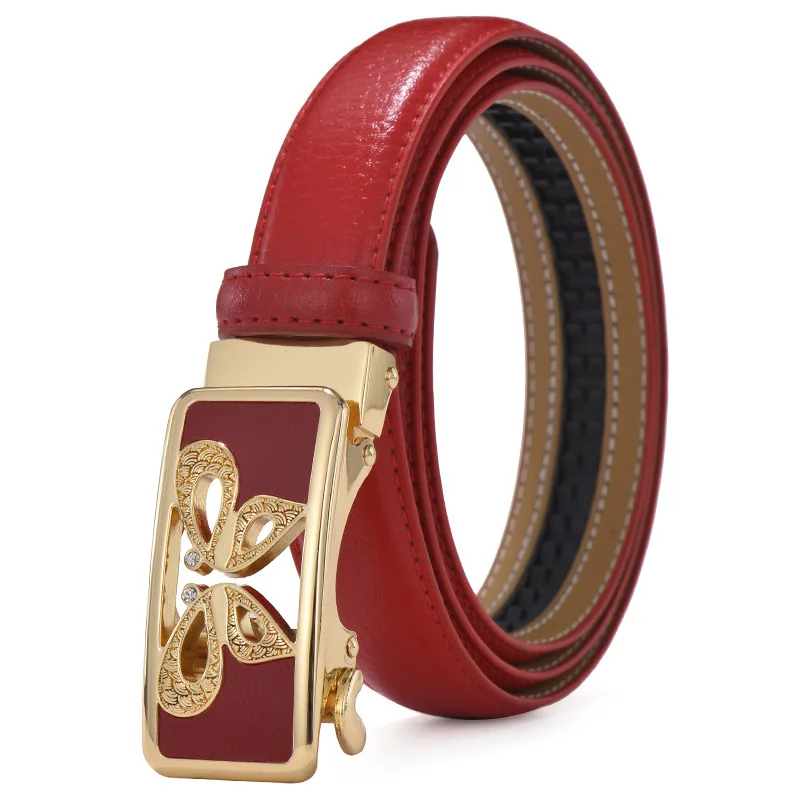 Женский ремень из 100% натуральной кожи красный простой с автоматической кнопкой