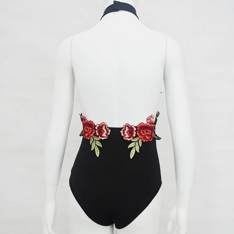 Женское боди с цветочной вышивкой лямкой на шее и открытой спиной|romper playsuit|backless