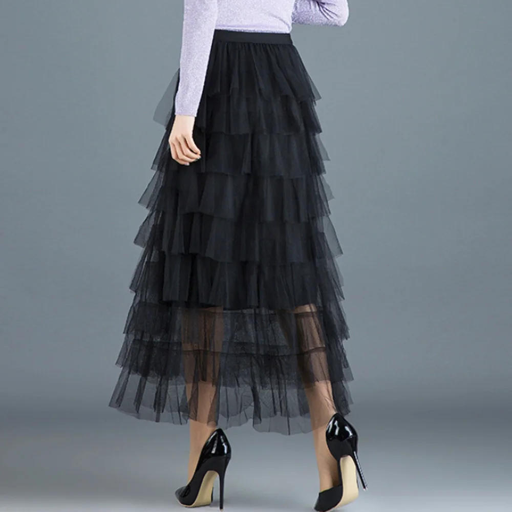 Женская многослойная юбка в стиле бохо черная или белая длинная Плиссированная