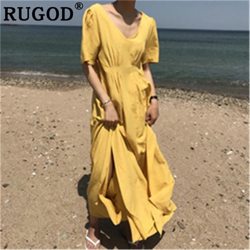 Женское платье RUGOD длинное пляжное с коротким рукавом и треугольным вырезом |