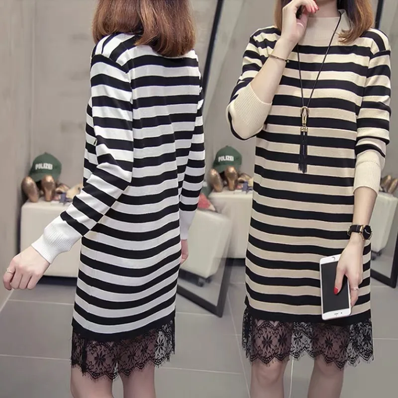 Зимнее платье для кормящих матерей полосатые трикотажные платья с длинным
