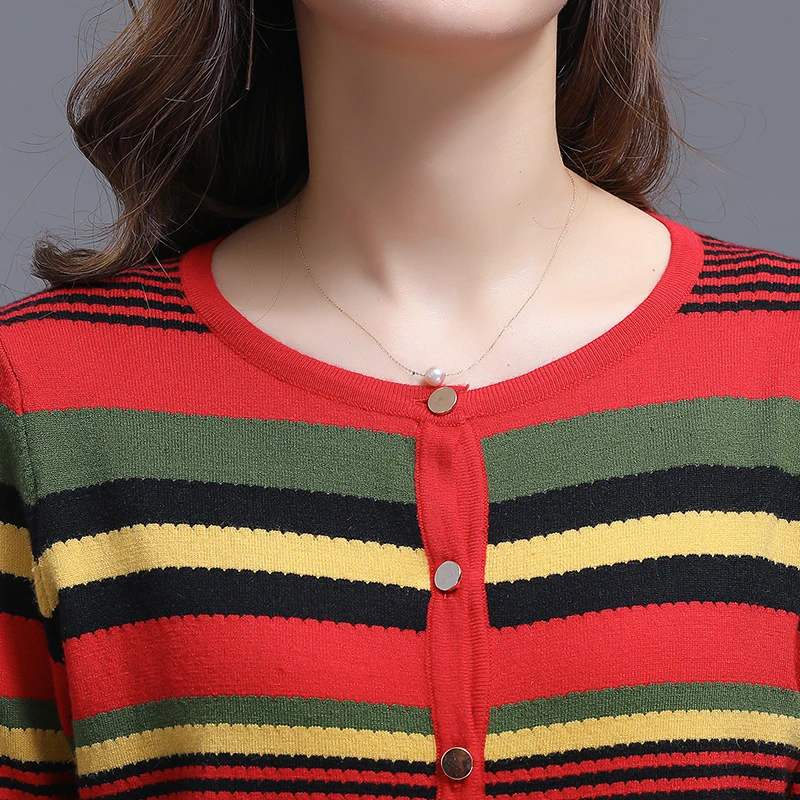 ASLTW Women's Sweater 2019 Spring O Neck Lady's Long Sleeve Single Breasted Stripe Casual New Harajuku Cardigan |