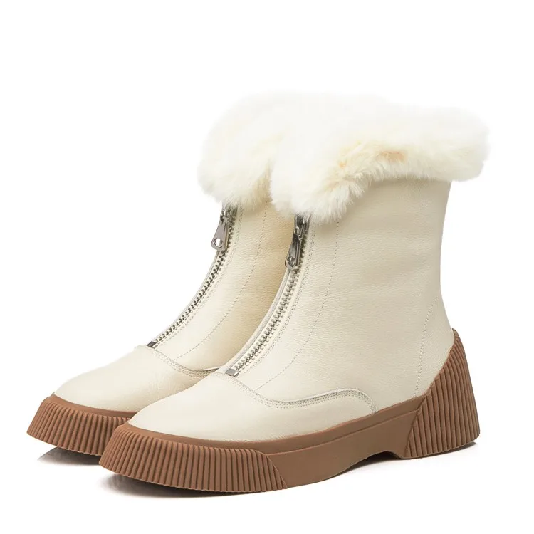 GPOKHDS women snow boots cow leather zippers winter warm wool blend round toe high heels boots