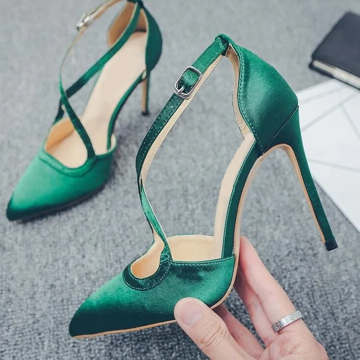 

Туфли-лодочки женские с острым носком, зеленые атласные, с вырезами, с перекрестными ремешками, свадебная обувь, туфли-лодочки для невесты