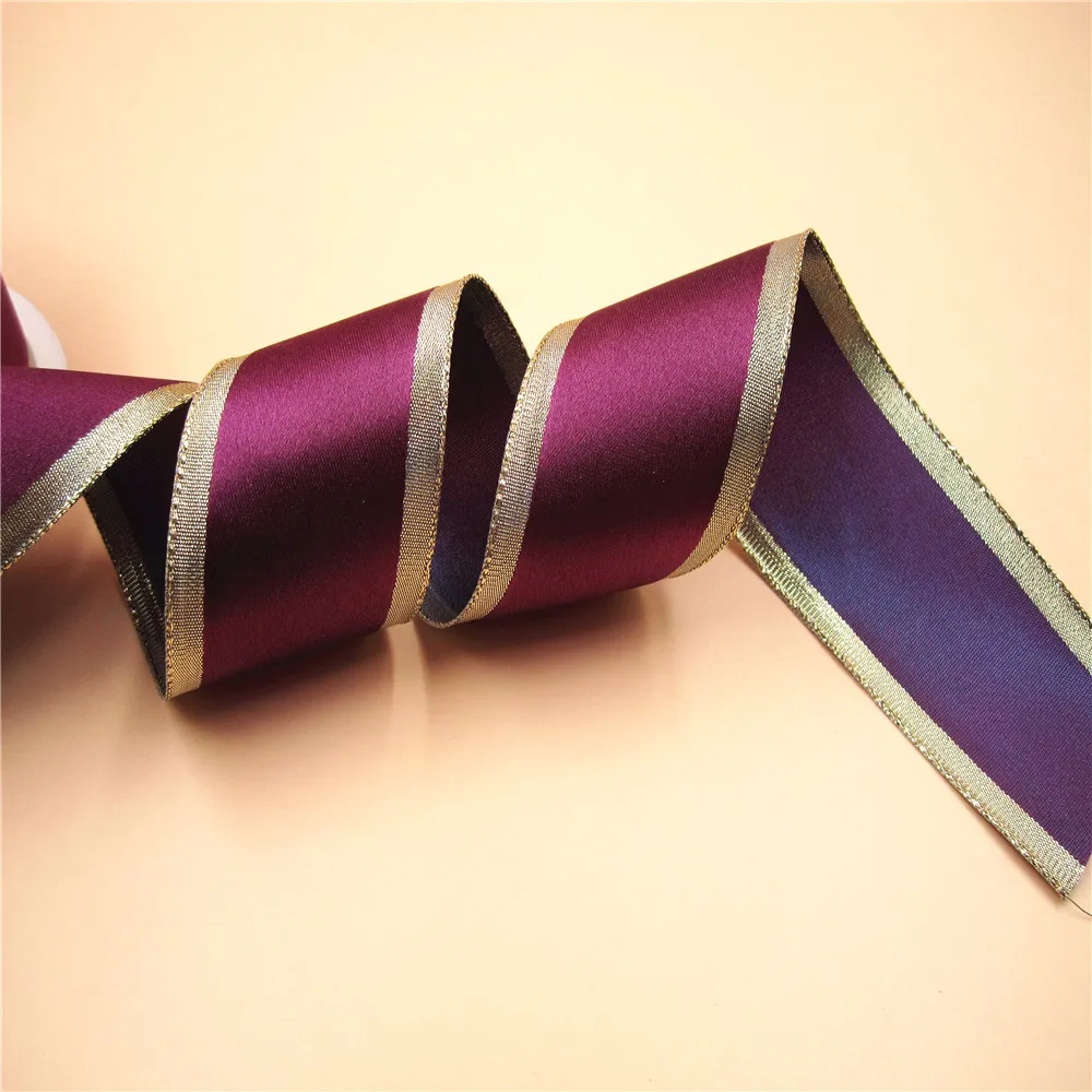 38mm X 25yards Wired Golden Lurex Edges Purple Satin Ribbon. Gift Bow,wedding,cake Wrap,tree Decoration,wreath N2007