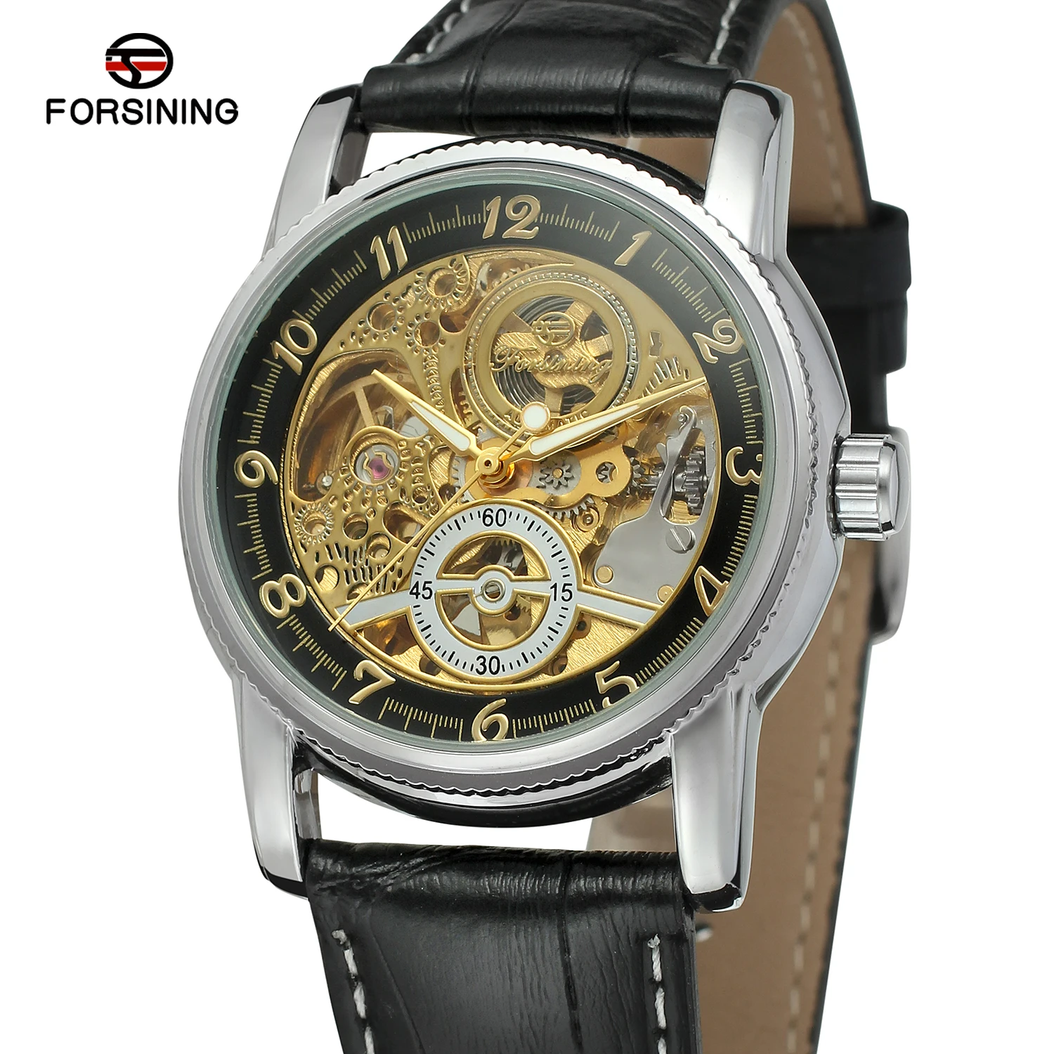

Fashion Forsining Hollow Engraving Skeleton Casual Designer Black Golden Case Gear Bezel Men Luxury Brand Automatic Wrist Watch