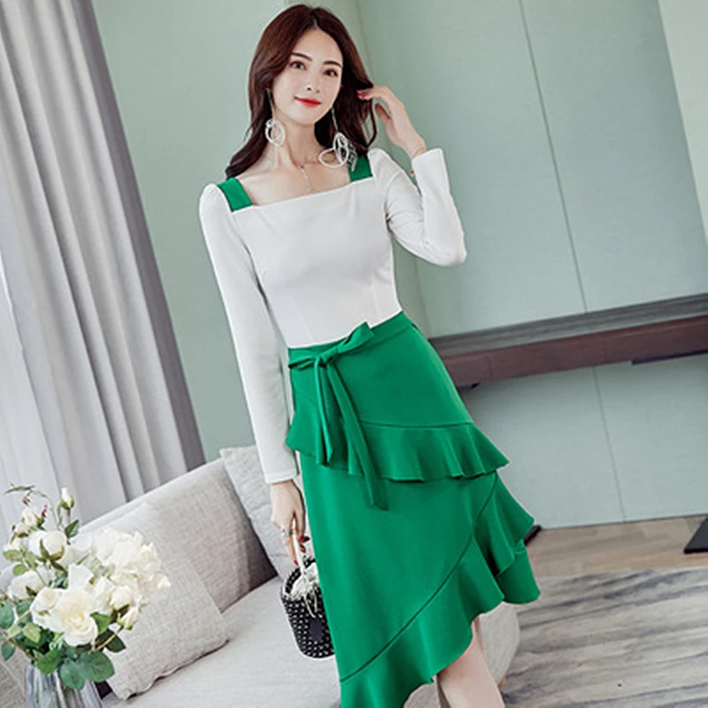 2019 Autumn New Fashion Dress Square Collar Slim OL Wind Stitching Ruffled Sleeve Head Solid Color Long Women's Clothing | Женская
