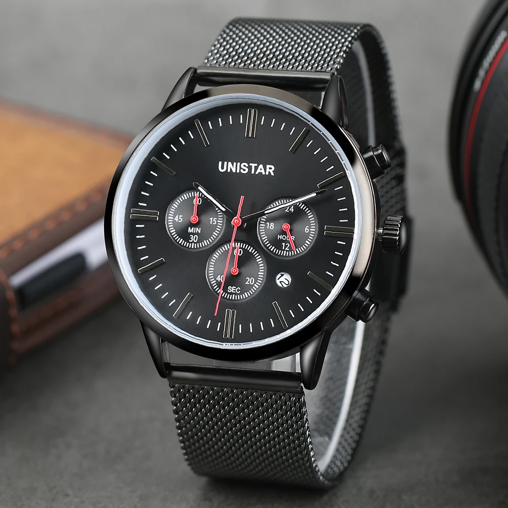 Unistar Роскошные Для мужчин часы Нержавеющая сталь кварцевые Топ человек