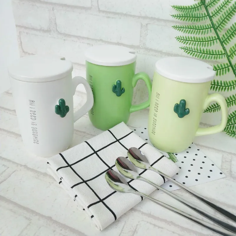 450ml Creative Cactus ceramic mugs embossed cup romantic Drinkware simple coffee Mugs with stainless steel spoon And Lid | Дом и сад