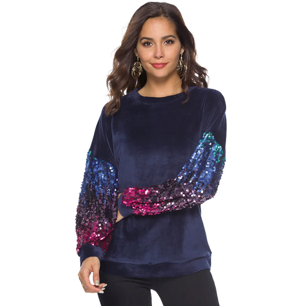WOMAIL Bling Sequines модная футболка с длинным рукавом Женская однотонная Повседневная Лоскутная футболка с круглым вырезом для женщин 19JAN30