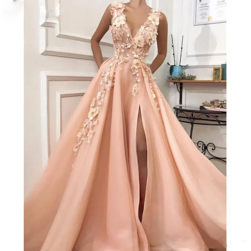 

New Arrival Peach Long Prom Dresses 2019 Sexy High Slit V Neck Floor Length Evening Party Gowns Robe de soiree Zipper Back Cheap