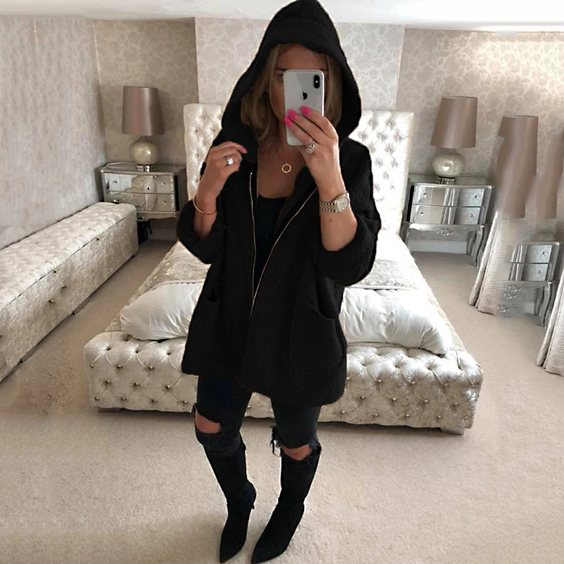 SHIBEVER New loose autumn women jacket fashion fur coat hooded Zipper causal black female Outerwear NDR96 | Женская одежда
