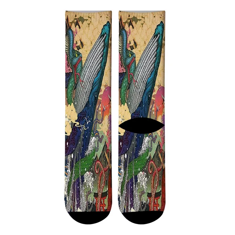 6 Новые носки с 3D принтом в японском стиле Харадзюку Ukiyoe, мужские Гольфы с изображением оленя и Кита, мужские носки без пятки с изображением дракона Феникса - Цвет: 6