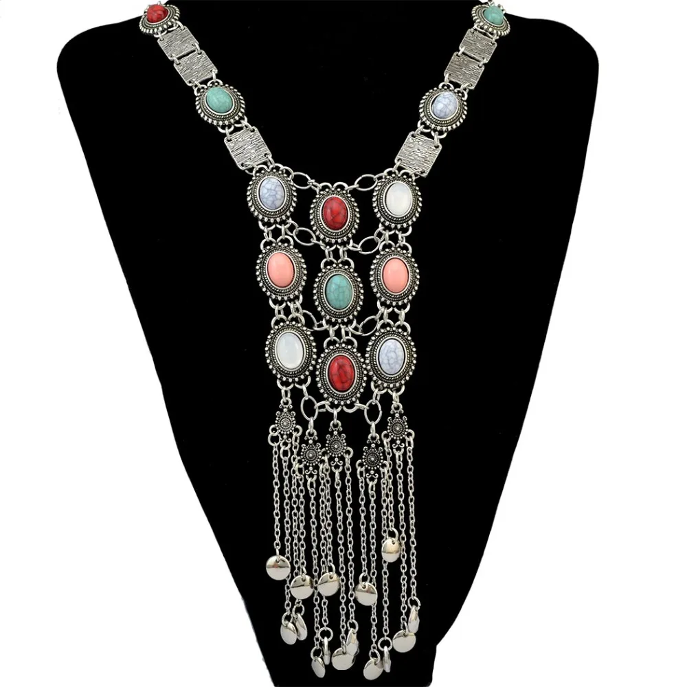 

Indian Multicolors Stone Necklaces for Women Boho Vintage Long Tassel Collar Choker Necklaces Tribal Afghan Party Jewelry Gift