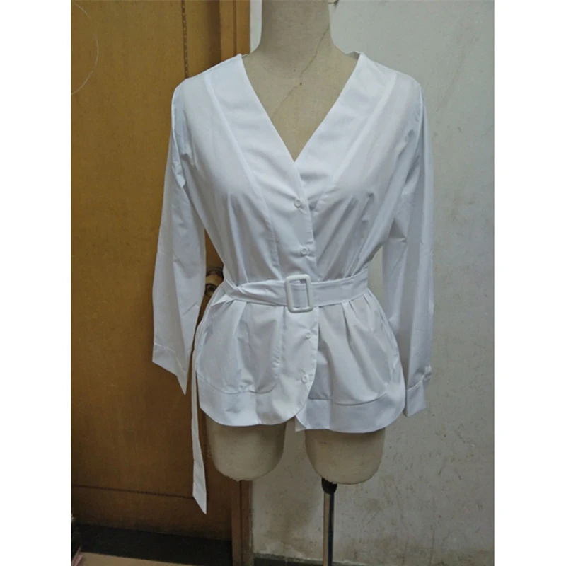 Women Sexy V Neck Long Sleeve White Slim Short Style Windbreaker With Sashes Ladies Casual High Street Jacket Outcoat SJ3521E | Женская