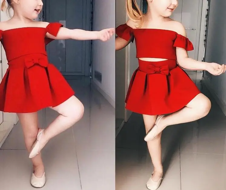Красные топы с открытыми плечами и юбка бантом детская одежда для девочек летняя