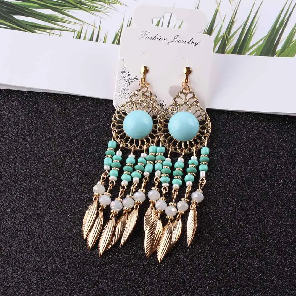 

5 Colors Hand Made Beaded Tassel Clip on Earrings For Women Bohemia Beads Dangle Without Piercing Earrings Ethnic Jewelry