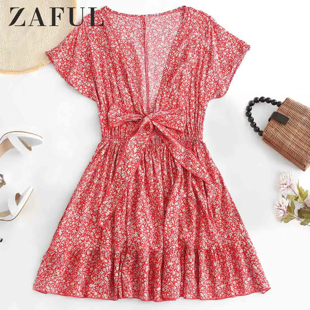 Женское платье мини ZAFUL с узлом и коротким рукавом треугольным вырезом высокой