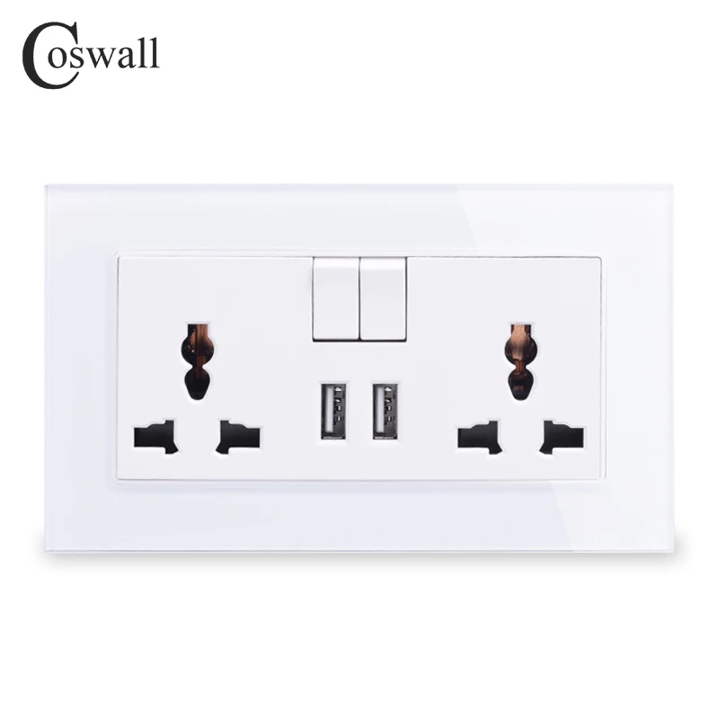 Универсальная Коммутируемая розетка COSWALL 13A 2 порта USB для зарядки мобильного