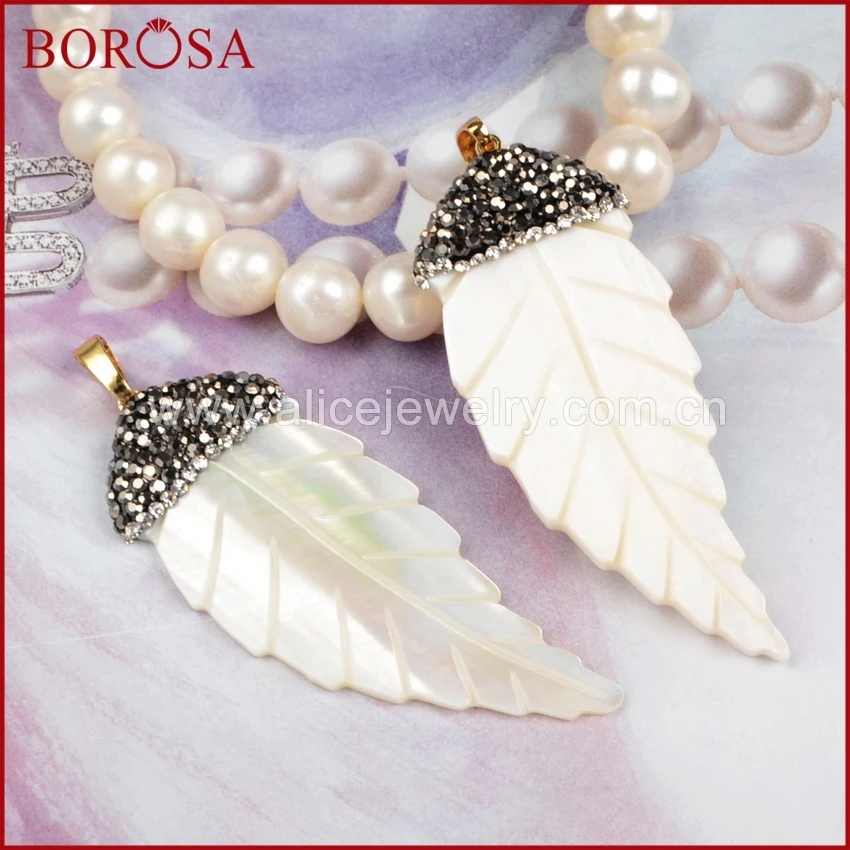 

BOROSA 5pcs Fashion Natural White Shell Bone Carved Leave Pave Zircons Pendant Beads for Women Necklace Jewelry JAB113