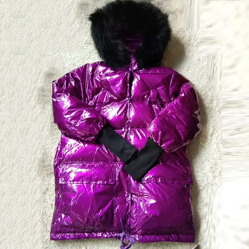 Воротник из натурального меха яркая с капюшоном зимний пуховик металлическая Серебристая фиолетовая хлопковая куртка для женщин размера плюс свободные теплые стеганые пальто 33
