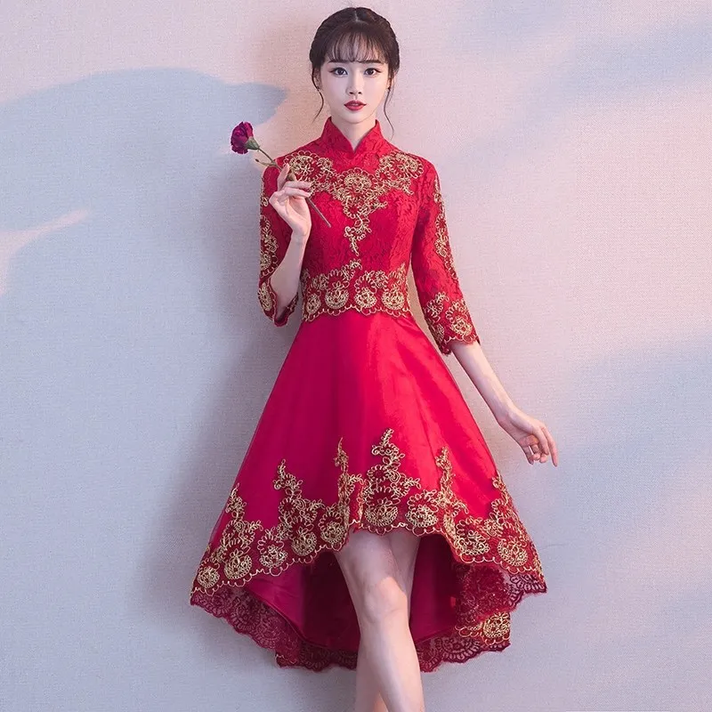 Красное китайское платье Qipao вечерние платья невесты Cheongsam новое вечернее