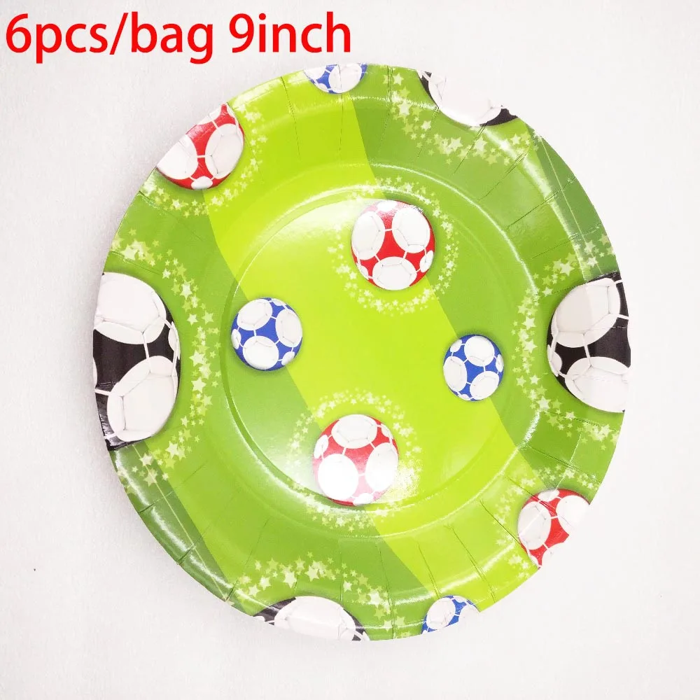 Plates9inc 6pcs Футбол Дети День рождения украшения набор поставки салфетки колпачки баннер на тарелке, чашке соломенная шляпа, мешок, вилка одноразовая посуда - Цвет: Plates9inc 6pcs