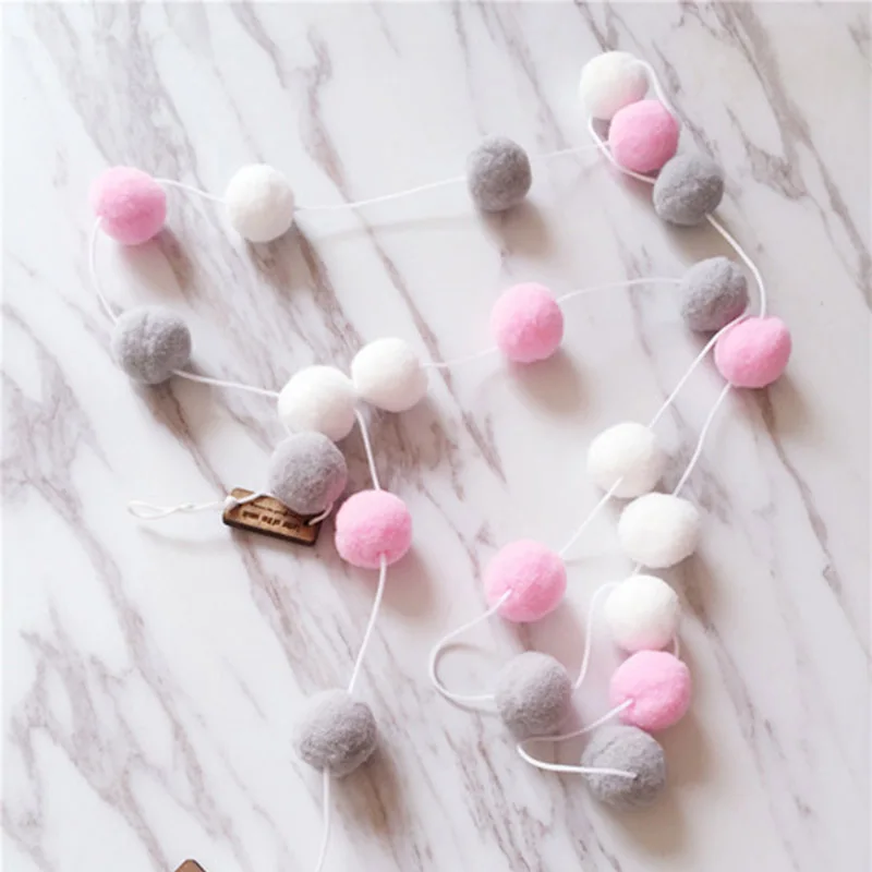 white grey pink Ручная работа, 200 см, шерстяные фетровые шары, помпоны, хлопковые Круглые разноцветные шары, украшение для детской комнаты, аксессуары для дня рождения, декор для вечеринки в скандинавском стиле - Цвет: white grey pink