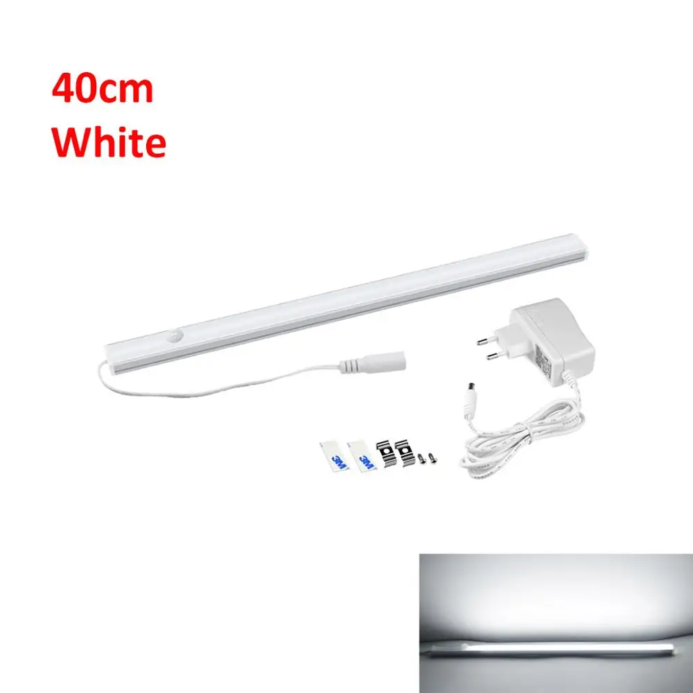 40CM White Кухонный Светильник с датчиком движения PIR, Детектор управления, автоматическое включение, выключение 12 В, светодиодный светильник для шкафа, жесткого бара, светильник+ 220 В, штепсельная вилка европейского стандарта - Цвет: 40CM White