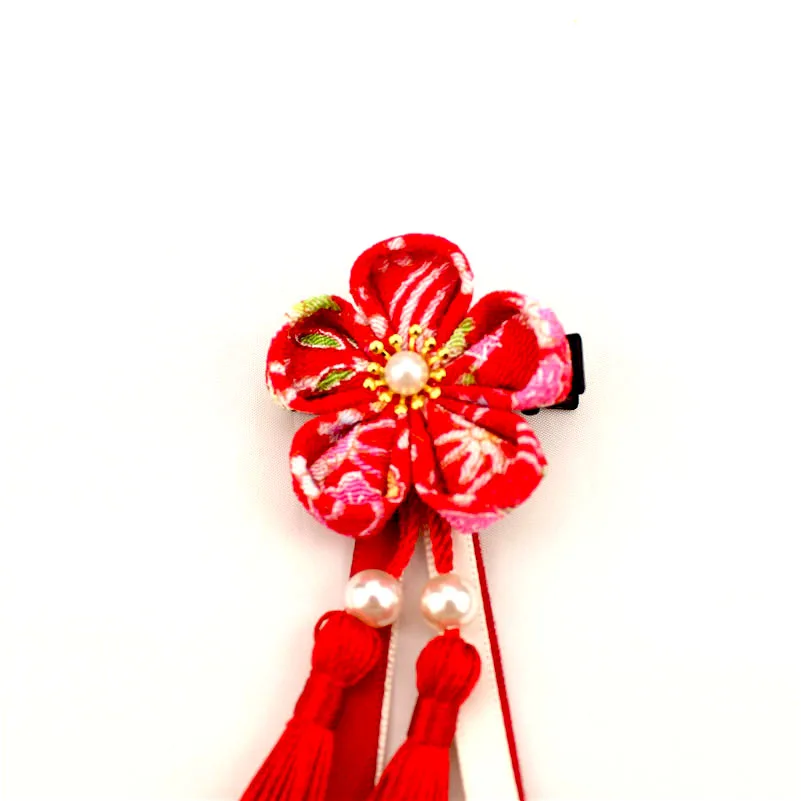Заколки для волос Kanzashi юката ленты кисточки красные розовые девочек цветок