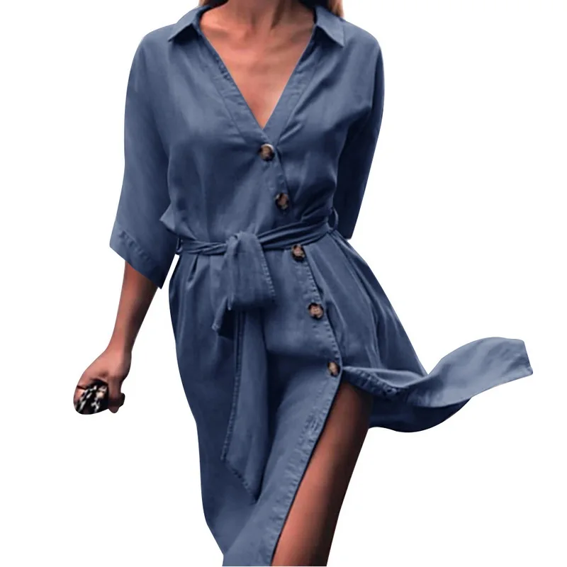 Женское платье рубашка LASPERAL осеннее из джинсовой ткани с треугольным вырезом и