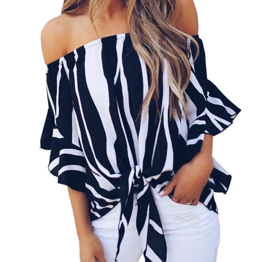 

Women's Blouse Summer Chiffon Blouses Striped Printing Flare Sleeve Off Shoulder Female Loose Tops blusas mujer de moda 2019