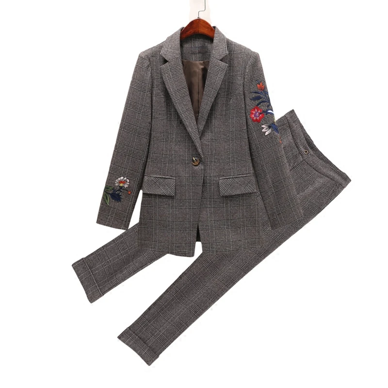High-quality Embroidery casual suit suit women's spring and autumn new retro Slim suit fashion Plaid pants two sets TB1810
