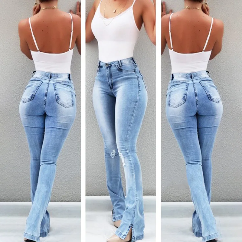 

New Arrival Women Split Leg Pants High Waist Boot Cut Jeans Retro Flares Wide Leg jeans
