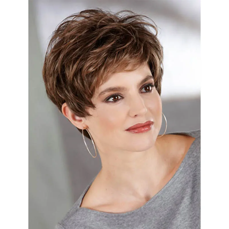 Chic Cut Short Straight Hairstyle Heat Resistant Fiber Brown Color Synthetic Hair Wigs For Women |