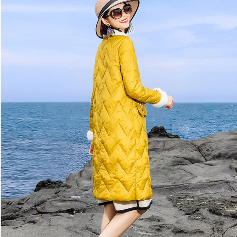Новинка осени 2020 модный тонкий пуховик с карманами женский длинный легкий