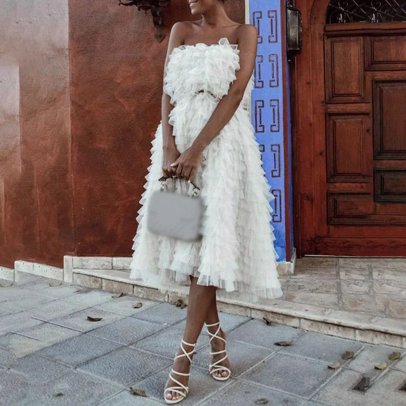 Elegant Dress Ladies Strapless Prom Layered A Line Bridesmaid Sleeveless Formal Dress White