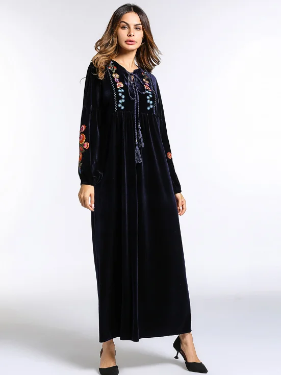Женское платье макси с вышивкой вельветовое зимнее теплое Abaya свободный стиль