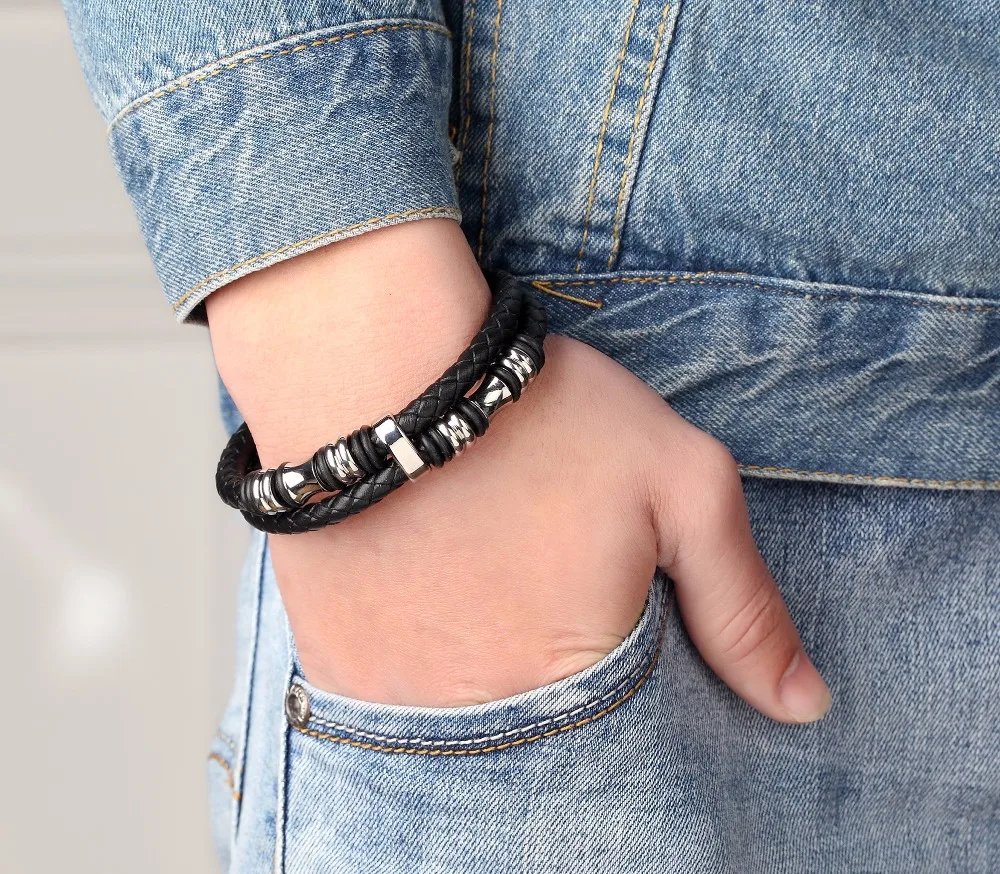 XQNI кожаный браслет с двойным слоем 19/21/23 см Золотой/Серебряный цвет специальные ювелирные изделия для мужчин подарок на день отца Большая скидка