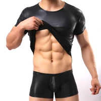 pu leather t shirts men sexy fitness o neck tops gay boxers mens stage tshirt casual clothes pantiestees tight top sets suit
