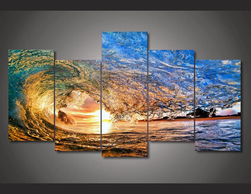 

5 panel large HD printed canvas print painting sunset light reflecting wave Picture home decor wall art picture for living room