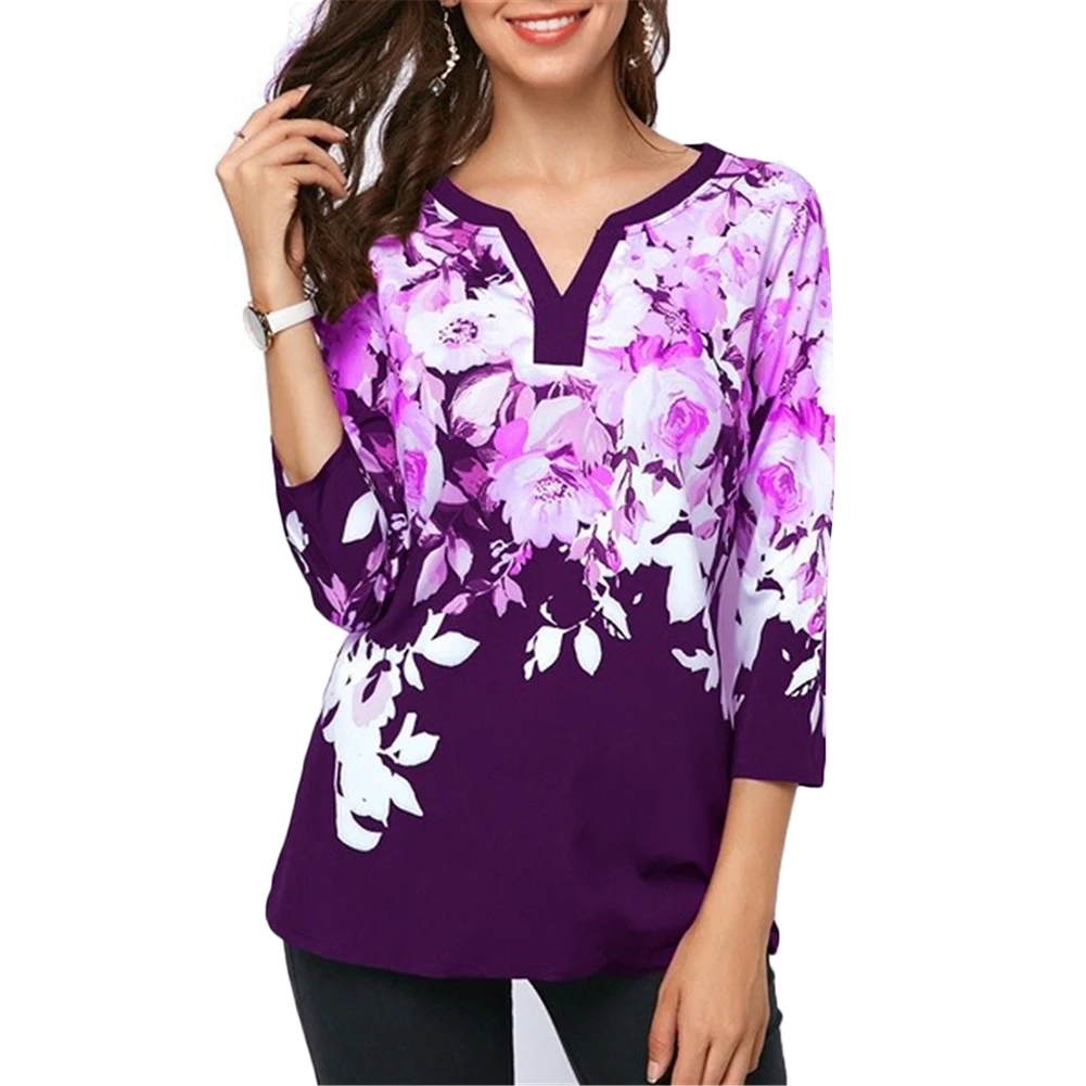 Женская футболка с цветочным принтом Boho Повседневная рукавом три четверти и v