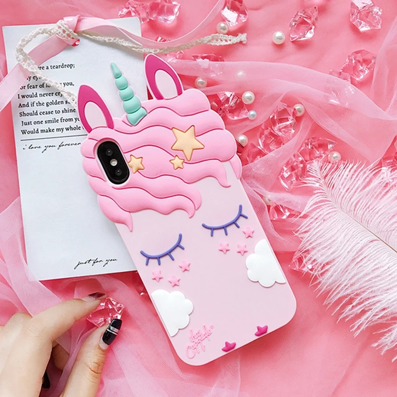Super cute Cartoon 3D Pink Unicorn shockproof Soft Silicone Case for Iphone 7Plus 8 6S 6 plus 5G 5S SE XS Max XR X Phone | Мобильные