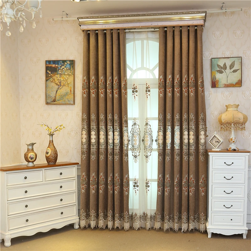 

Top European brown luxury villa embroidered blackout Curtains for living room classic Voile Curtain for Bedroom Window Treatment