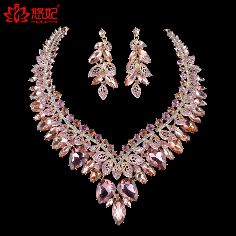 

Gorgeous Light Peach Color Rhinestone Necklace Earrings Bridal Jewelry Sets For Brides Wedding Party Prom Decoration Accessories