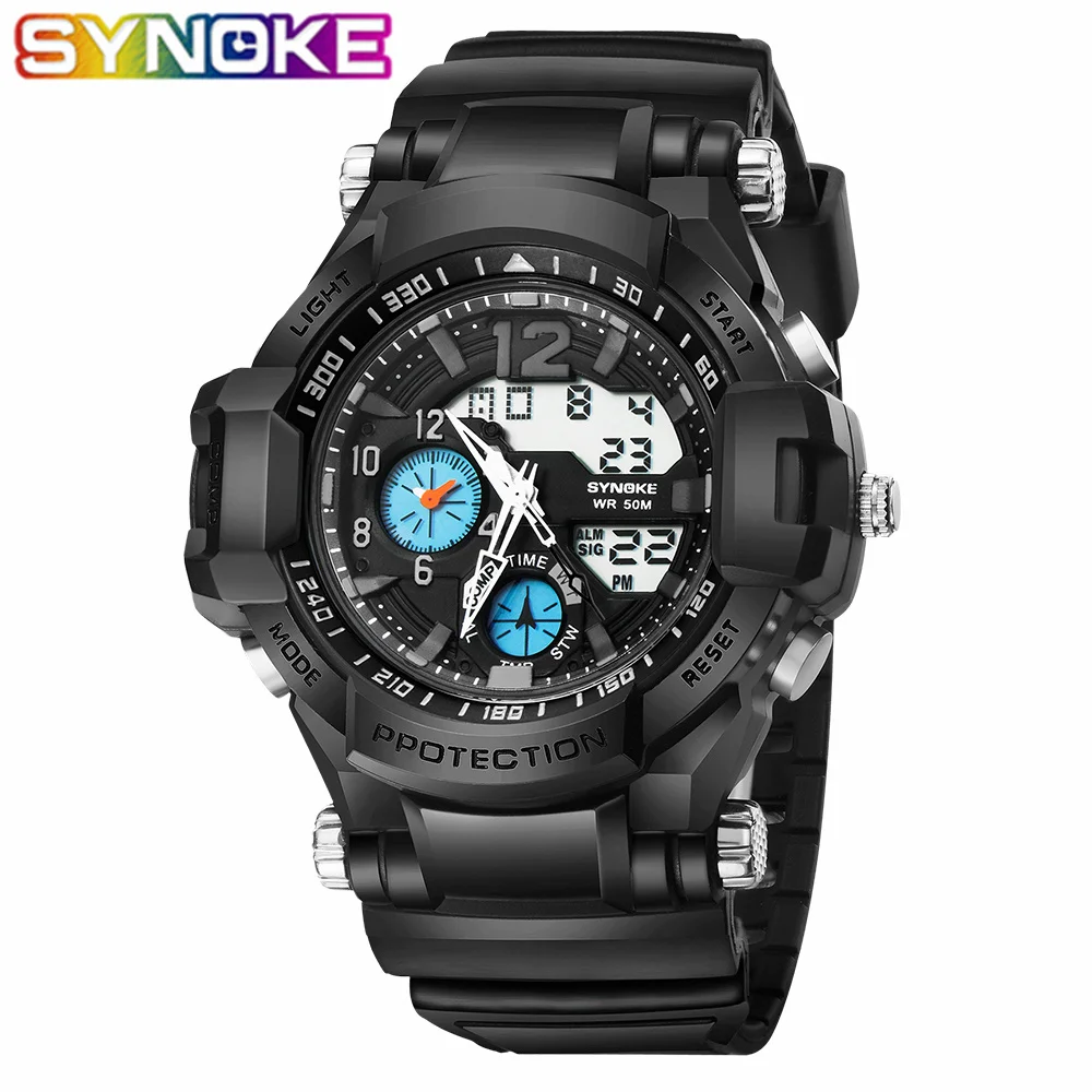 SYNOKE, мужские спортивные часы, цифровые часы с двойным хронографом, 50 м, водонепроницаемые часы с дисплеем недели, наручные часы, мужские часы