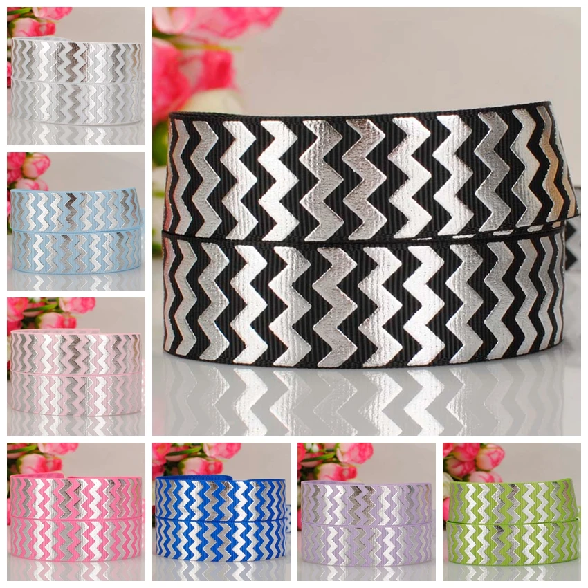 

7/8" 22mm solid Foil Chevron grosgrain ribbon silver metallic foil ribbon