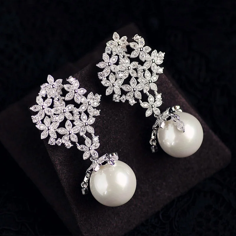 

High Quality Luxury Gorgeous Many Flowers Cluster AAA+Cubic Zirconia Perfect Big Pearl Drop Earrings Women Party Wedding Jewelry