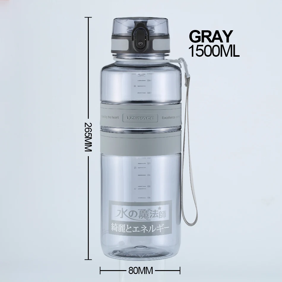 1500ml gray UZSPACE Популярные серый бутылка для воды Для мужчин Открытый Спорт Путешествия свой напиток бутылки Портативный герметичные Пластик бутылки BPA бесплатно 5 Ёмкость - Цвет: 1500ml gray